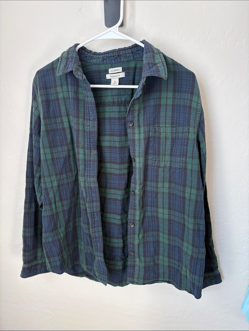 L.L. Bean Women’s Relaxed Fit Green and Navy Plaid Button-Down Shirt